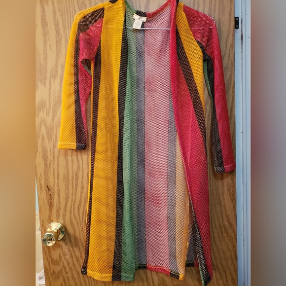 Pretty multi color, open front, long sleeve, crocheted cardigan. Great shape. - Picture 1 of 5